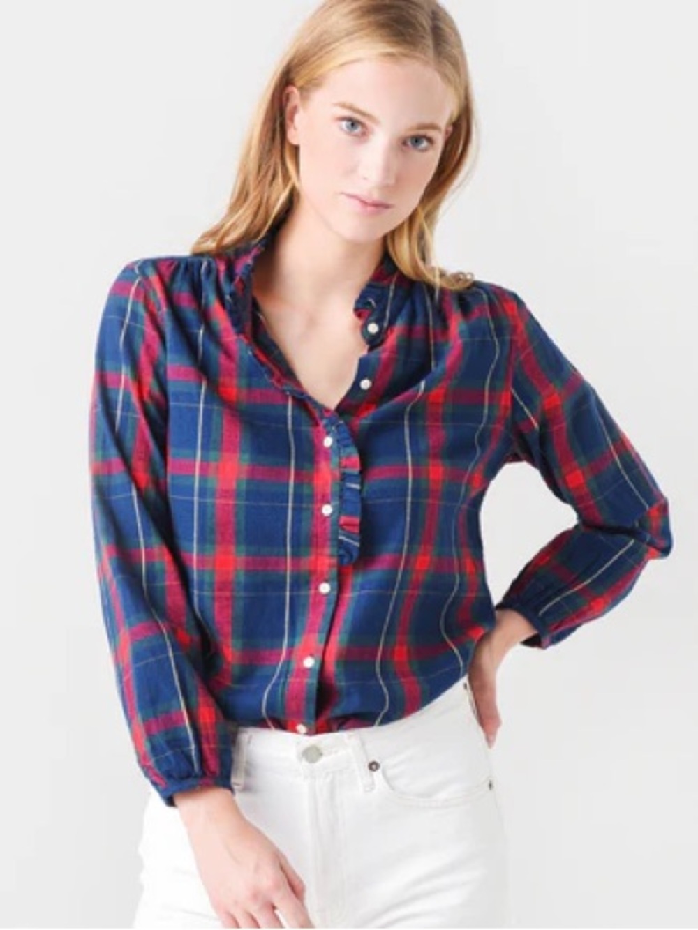 Trovata Michelle Plaid Blouse Birds of Paradis Ruffle Collar Cotton Top Size S